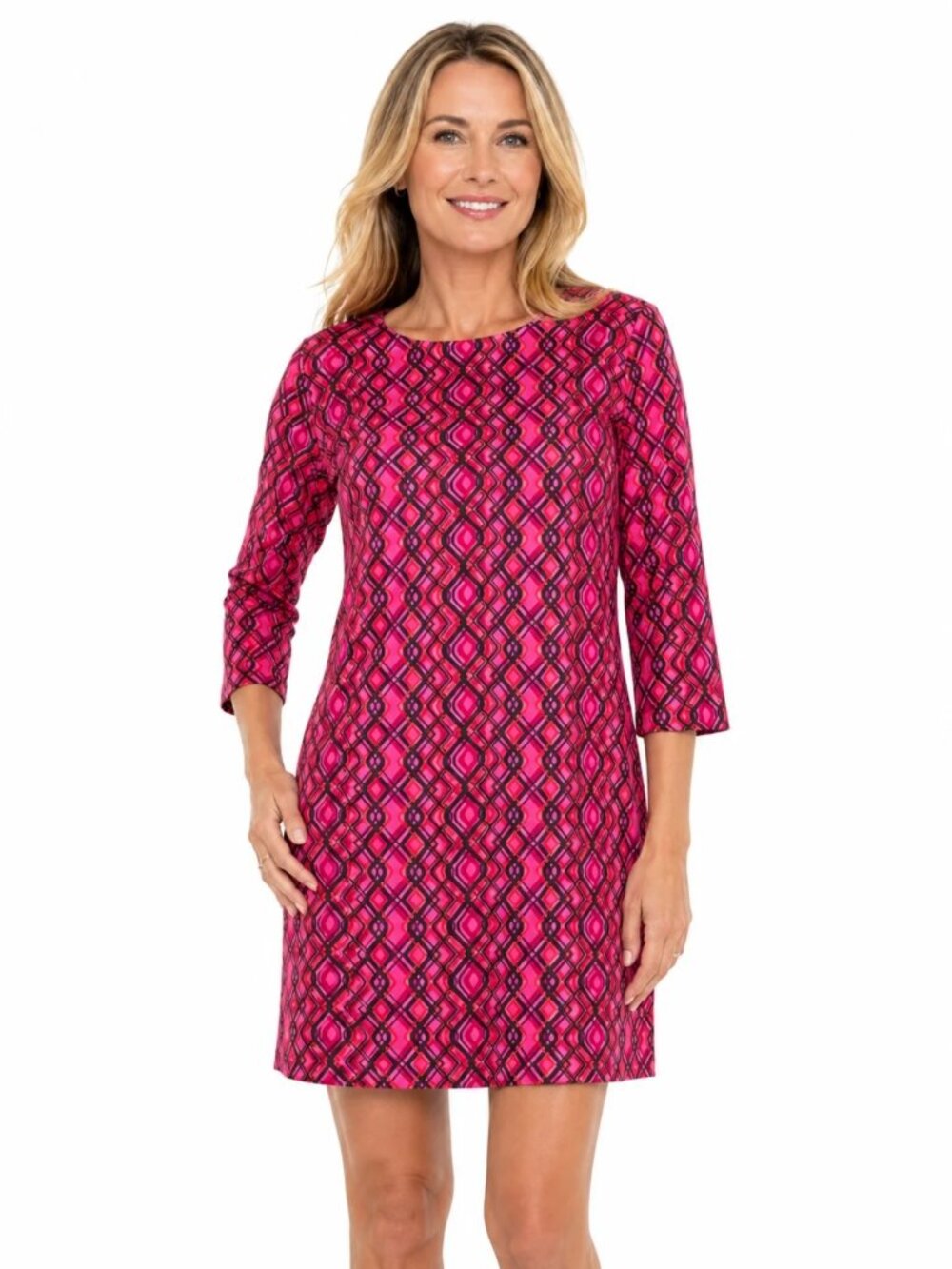 Doncaster Collection Womens Shift Dress 8 Pink Orange Black 3/4 Sleeve Stretch